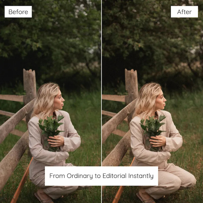 Before and after outdoor lifestyle portrait edited with Golden Boho Lightroom presets showing muted greens, warm browns, and soft golden light