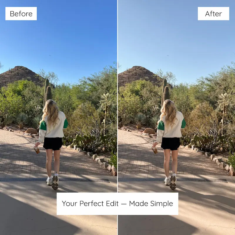 Before and after outdoor portrait edited with Golden Boho Lightroom presets featuring warm golden tones, earthy color, and balanced natural light