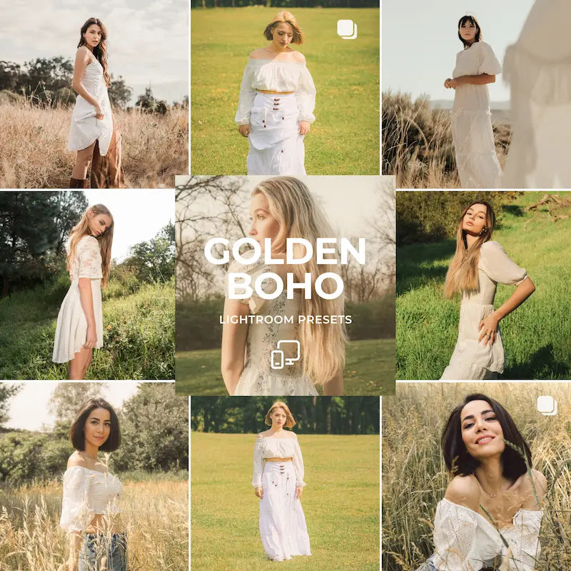 Golden Boho Lightroom presets cover showing sunlit portraits, golden light, warm earthy tones, and bohemian lifestyle photography