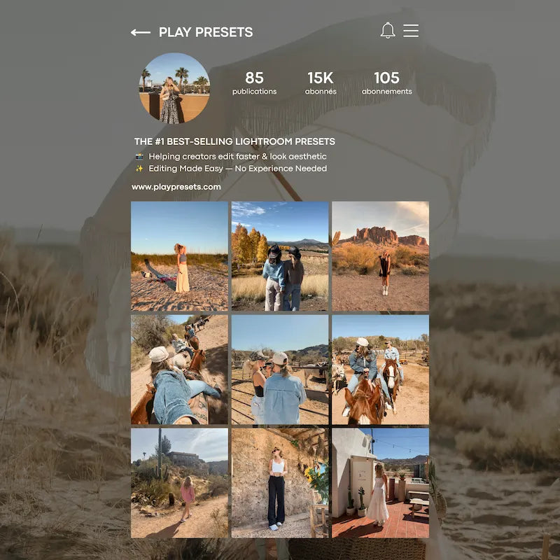 Instagram feed preview edited with Golden Boho Lightroom presets showing cohesive golden light, earthy browns, outdoor portraits, and warm boho tones