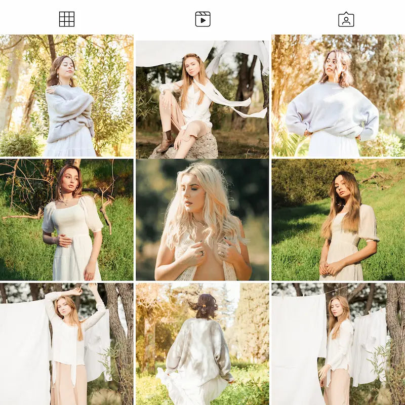 Photo grid preview edited with Golden Boho Lightroom presets showing sunlit portraits, golden tones, soft greens, and warm bohemian color
