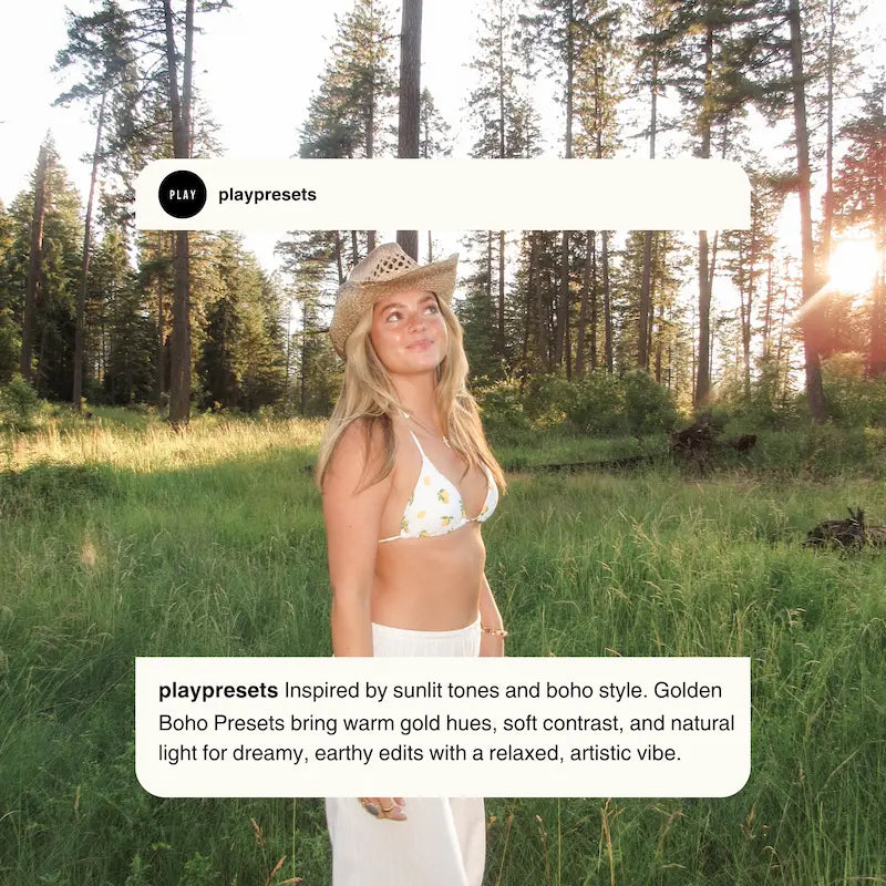 Golden Boho Lightroom presets preview showing a sunlit outdoor portrait with golden light, warm earthy color, and soft natural contrast