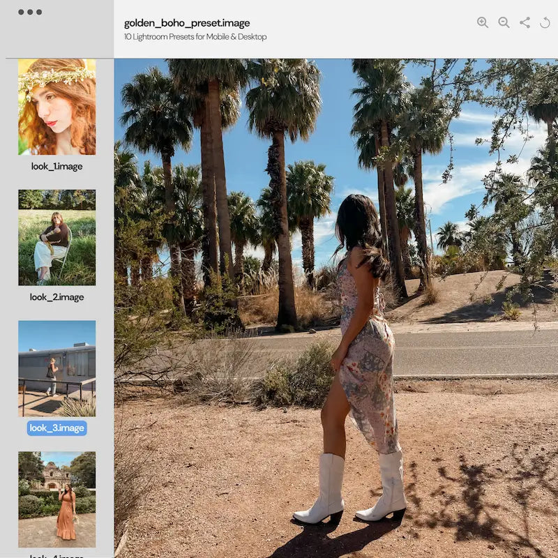 Golden Boho Lightroom preset variations preview showing an outdoor lifestyle portrait with warm earthy tones, golden light, and natural color
