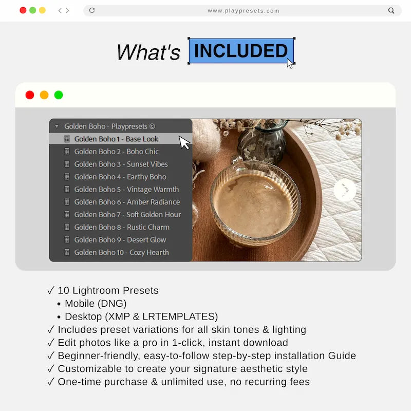 What’s included in Golden Boho Lightroom presets collection showing 10 presets and files for mobile and desktop