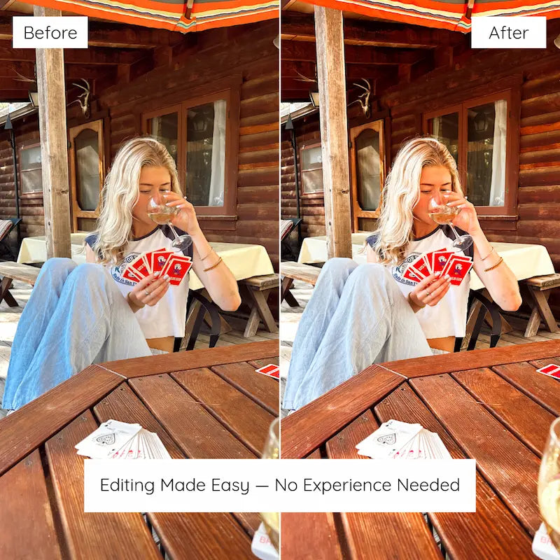 Before and after café lifestyle photo edited with Influencer Lightroom presets showing dreamy tones, soft warmth, and polished natural color