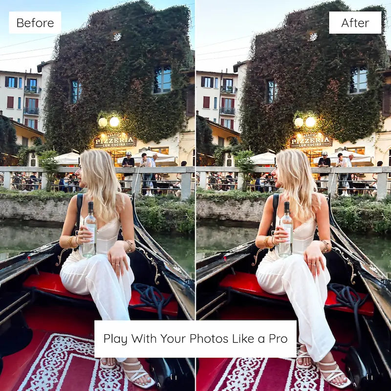 Before and after travel lifestyle photo edited with Influencer Lightroom presets featuring soft warmth, balanced contrast, and refined natural tones