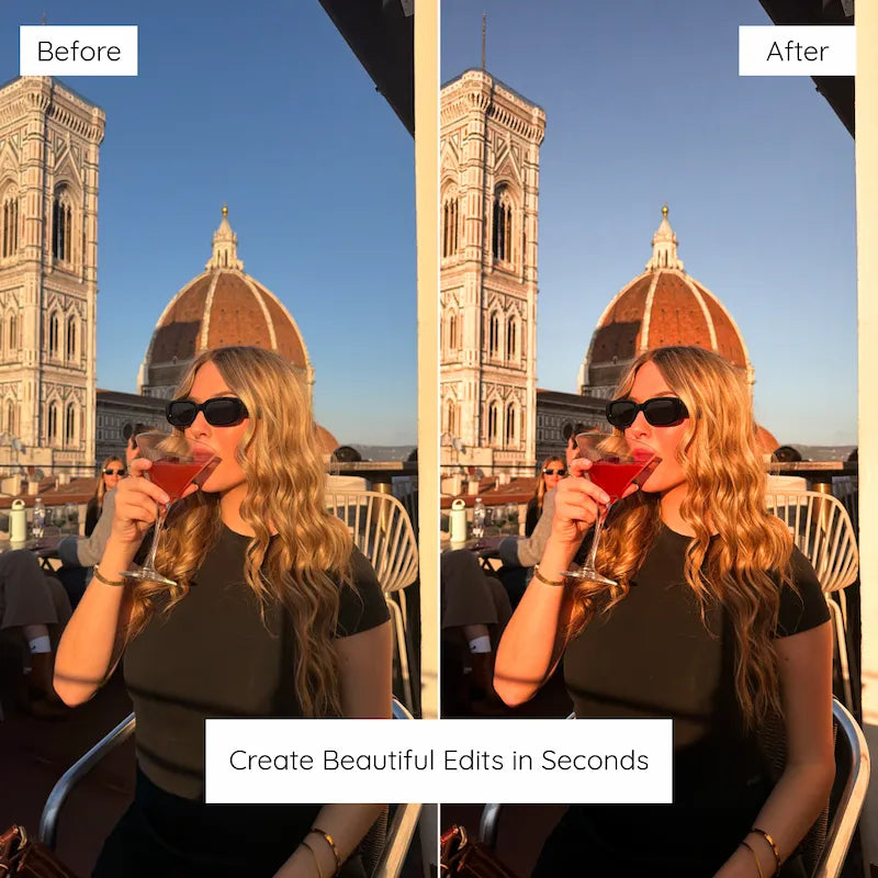 Before and after Florence travel portrait edited with Influencer Lightroom presets showing warm golden light, natural skin tones, and polished color