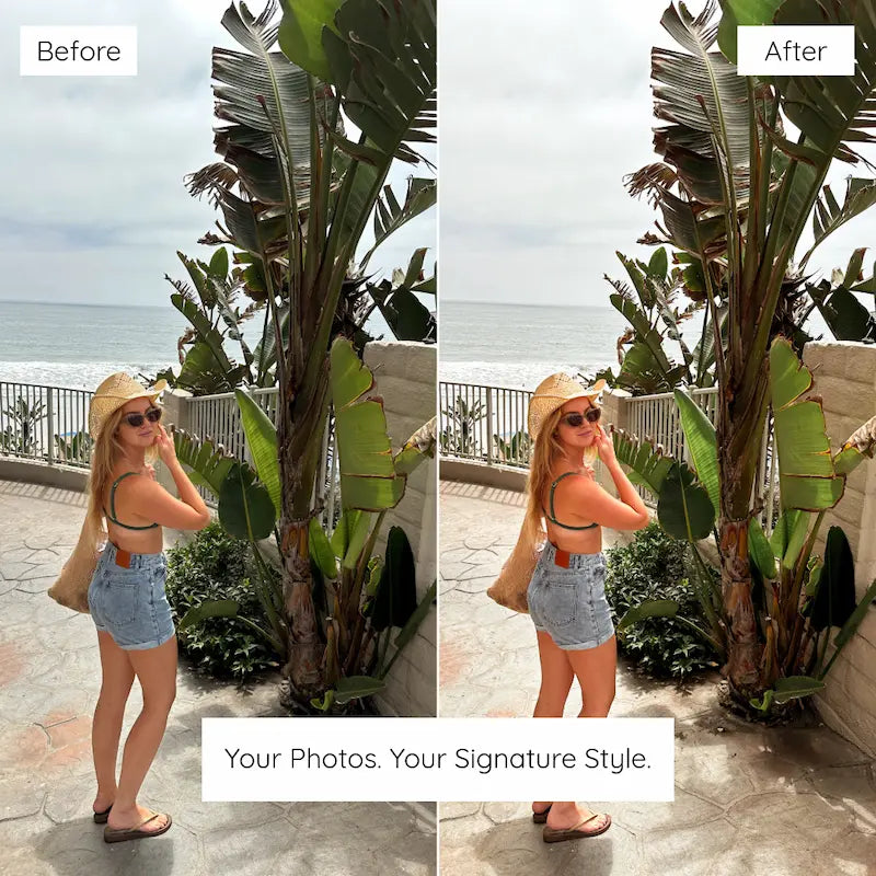 Before and after tropical lifestyle photo edited with Influencer Lightroom presets featuring natural skin tones, soft warmth, and balanced bright color