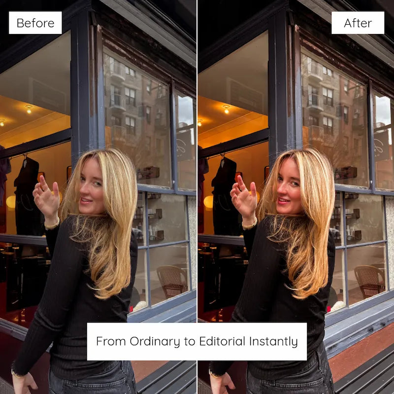 Before and after café portrait edited with Influencer Lightroom presets showing deeper refined tones, warm highlights, and natural-looking skin