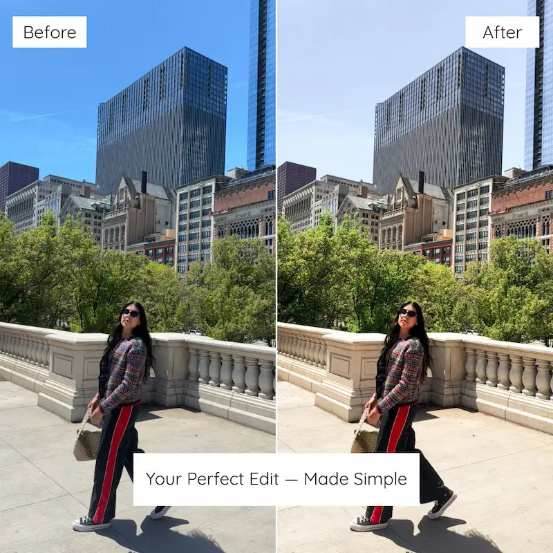 Before and after city fashion photo edited with Influencer Lightroom presets featuring balanced contrast, natural color, and a polished creator aesthetic