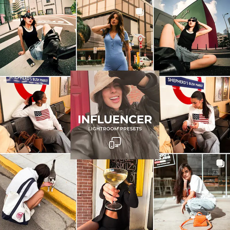 Influencer Lightroom presets cover showing fashion and lifestyle photos with dreamy tones, soft warmth, and polished creator style