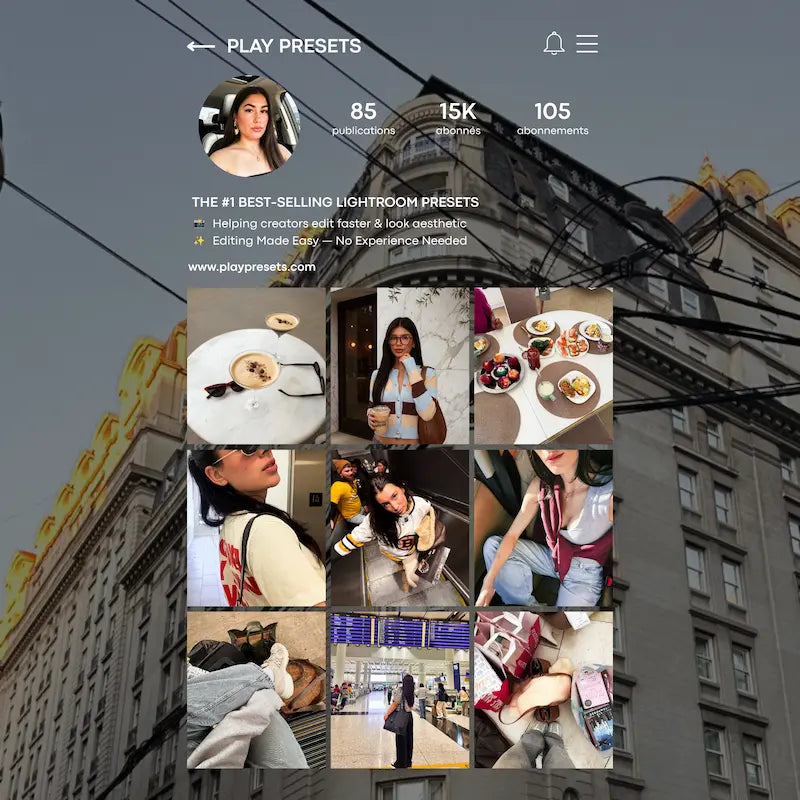 Instagram feed preview edited with Influencer Lightroom presets showing cohesive lifestyle content, balanced contrast, and refined modern tones
