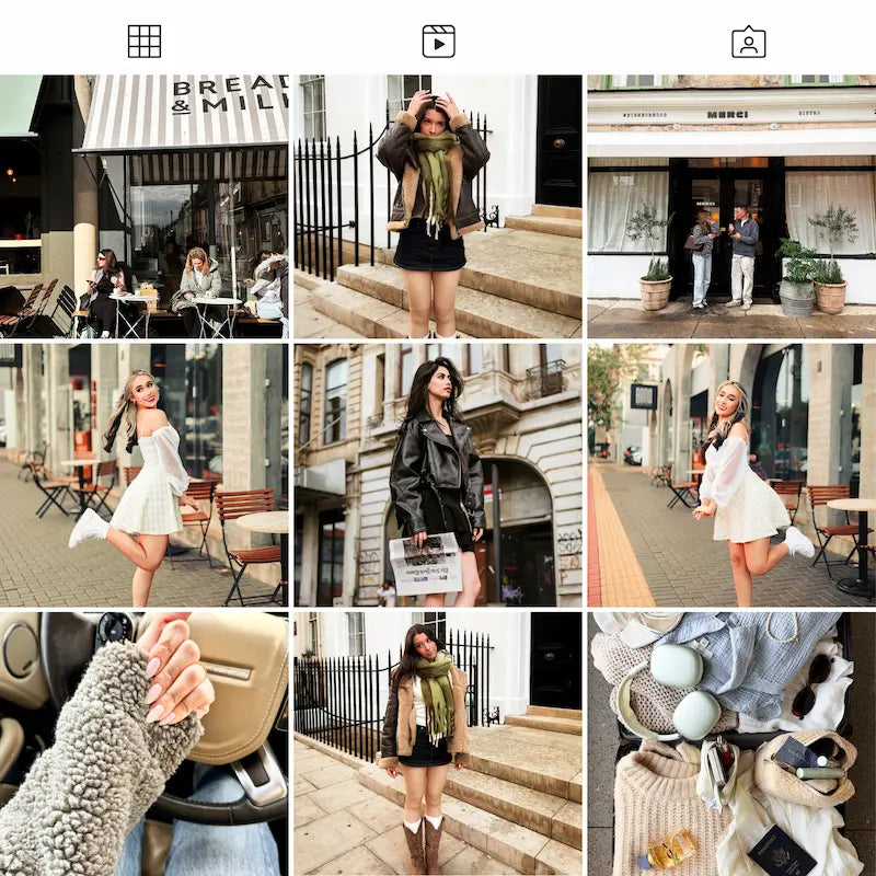 Photo grid preview edited with Influencer Lightroom presets showing fashion, travel, café, and lifestyle content with cohesive modern tones