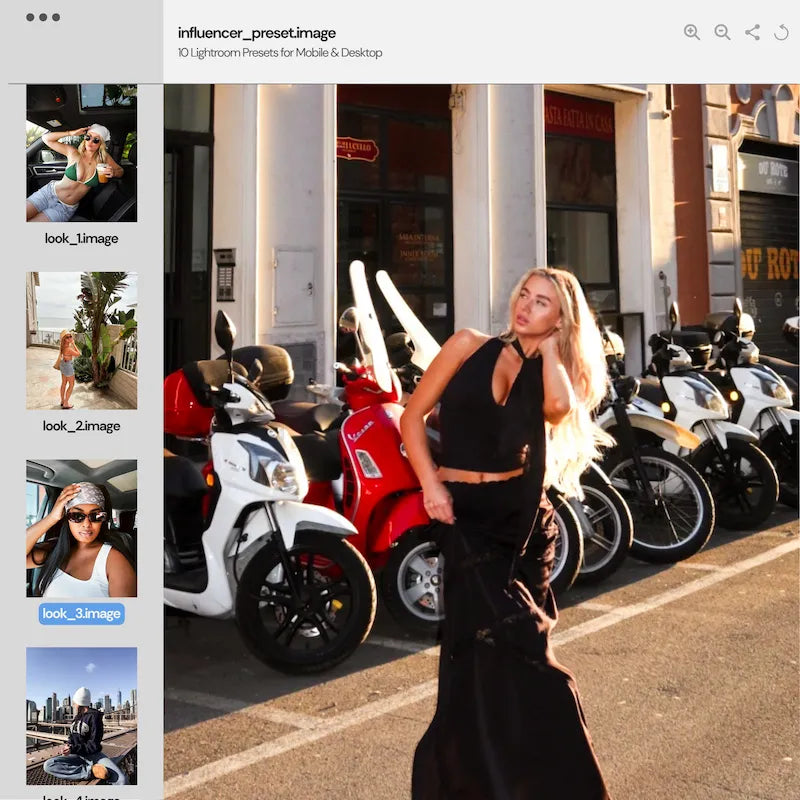 Influencer Lightroom preset variations preview showing a city fashion photo with soft warmth, natural skin tones, and polished contrast