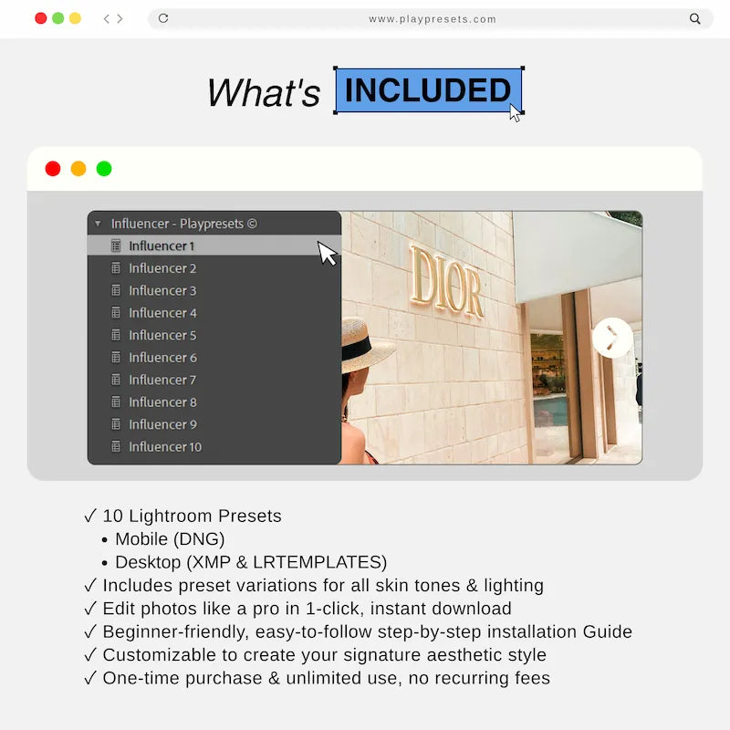 What’s included in Influencer Lightroom presets collection showing 10 presets and files for mobile and desktop