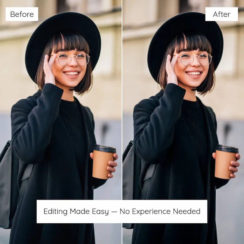 Before and after fashion portrait edited with Black Lightroom presets showing rich blacks, clean contrast, and natural skin tones