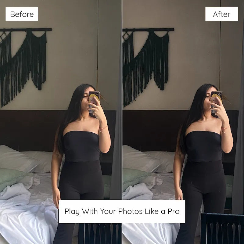 Before and after indoor fashion photo edited with Black Lightroom presets featuring controlled shadows, deep black tones, and refined contrast