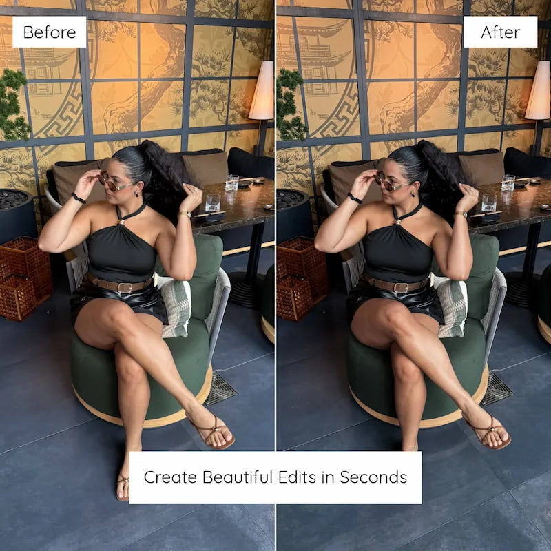 Before and after lifestyle portrait edited with Black Lightroom presets showing rich blacks, balanced color, and a polished editorial finish