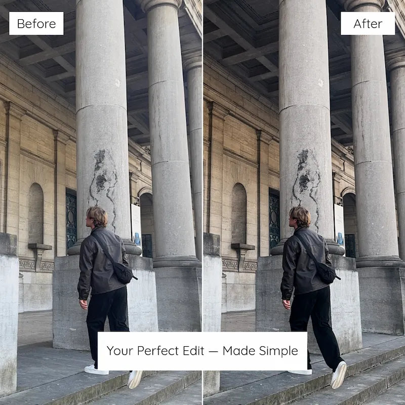 Before and after street style photo edited with Black Lightroom presets featuring rich blacks, architectural tones, and clean urban contrast