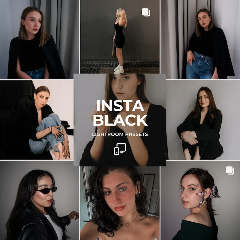 Black Lightroom presets cover showing fashion portraits, rich black tones, natural skin tones, and a polished editorial aesthetic