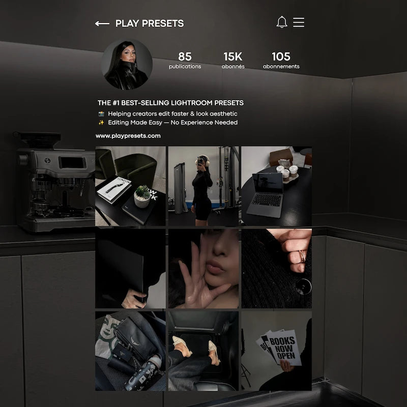 Instagram feed preview edited with Black Lightroom presets showing cohesive dark fashion, lifestyle, and urban photography