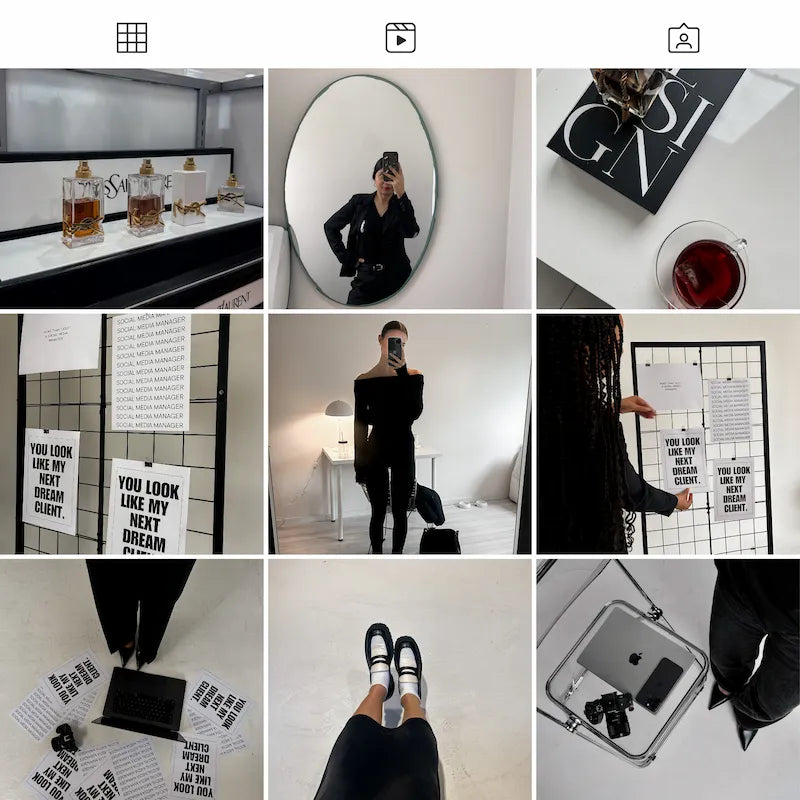 Photo grid preview edited with Black Lightroom presets showing cohesive fashion, lifestyle, monochrome details, and clean black tones