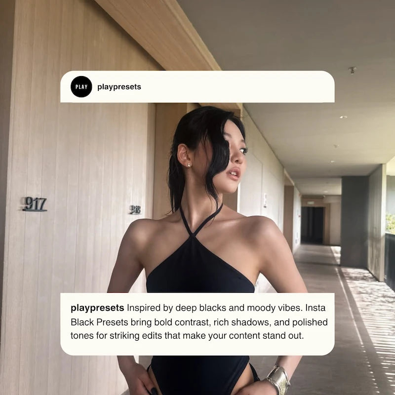 Black Lightroom presets preview showing a lifestyle portrait with rich blacks, natural skin tones, and refined shadow depth