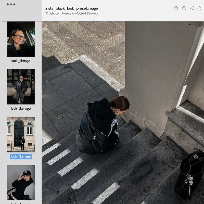 Black Lightroom preset variations preview showing an urban street photo with rich blacks, controlled shadows, and graphic contrast