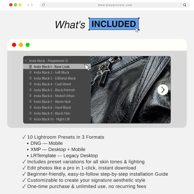 What’s included in Black Lightroom presets collection showing 10 presets and files for mobile and desktop