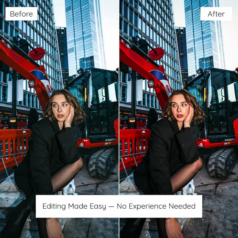 Before and after portrait edited with Red Lightroom presets showing bold crimson tones and vibrant urban color contrast