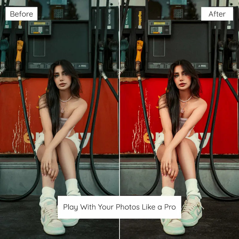 Before and after fashion portrait edited with Red Lightroom presets featuring rich red tones and balanced natural skin colors
