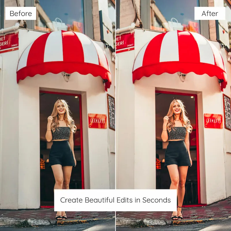 Before and after street photo edited with Red Lightroom presets creating vivid reds and bold modern color depth