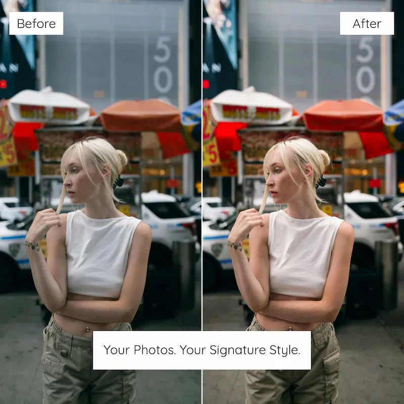 Before and after lifestyle portrait edited with Red Lightroom presets enhancing deep red tones with clean skin tones