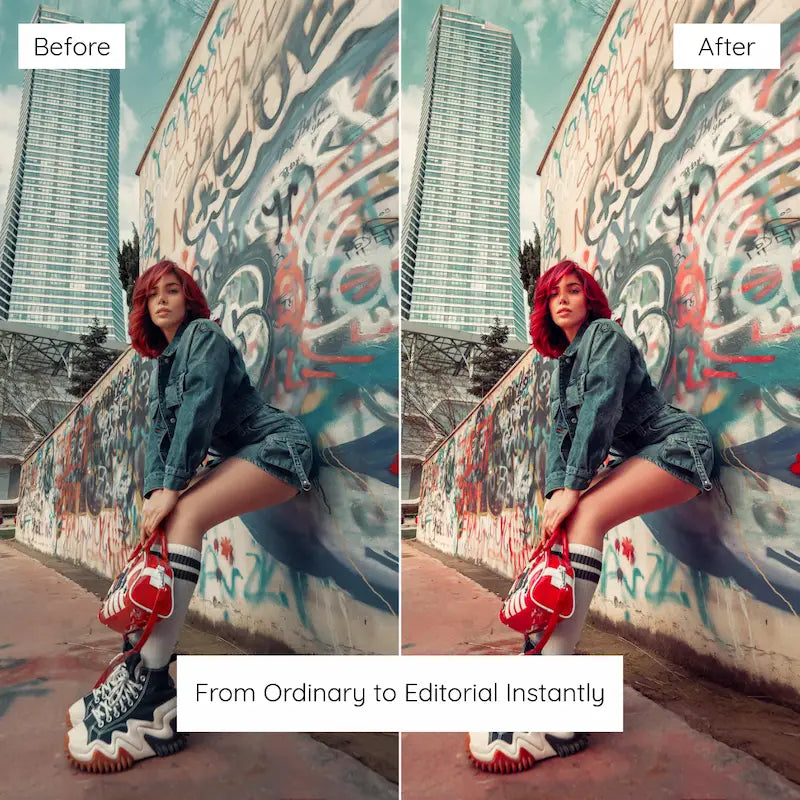 Before and after urban fashion photo edited with Red Lightroom presets featuring vibrant crimson colors and striking contrast