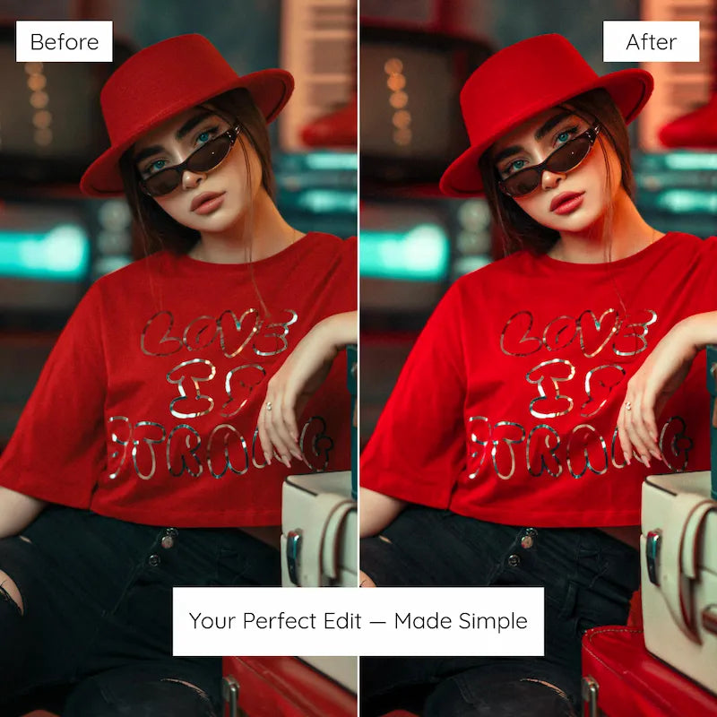 Before and after portrait edited with Red Lightroom presets creating rich red tones and a bold editorial aesthetic