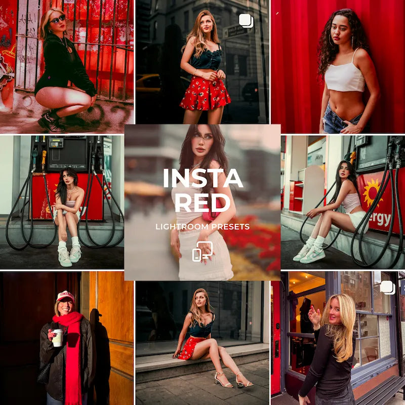 Red Lightroom presets cover image showing a bold aesthetic with rich crimson tones and vibrant lifestyle photography