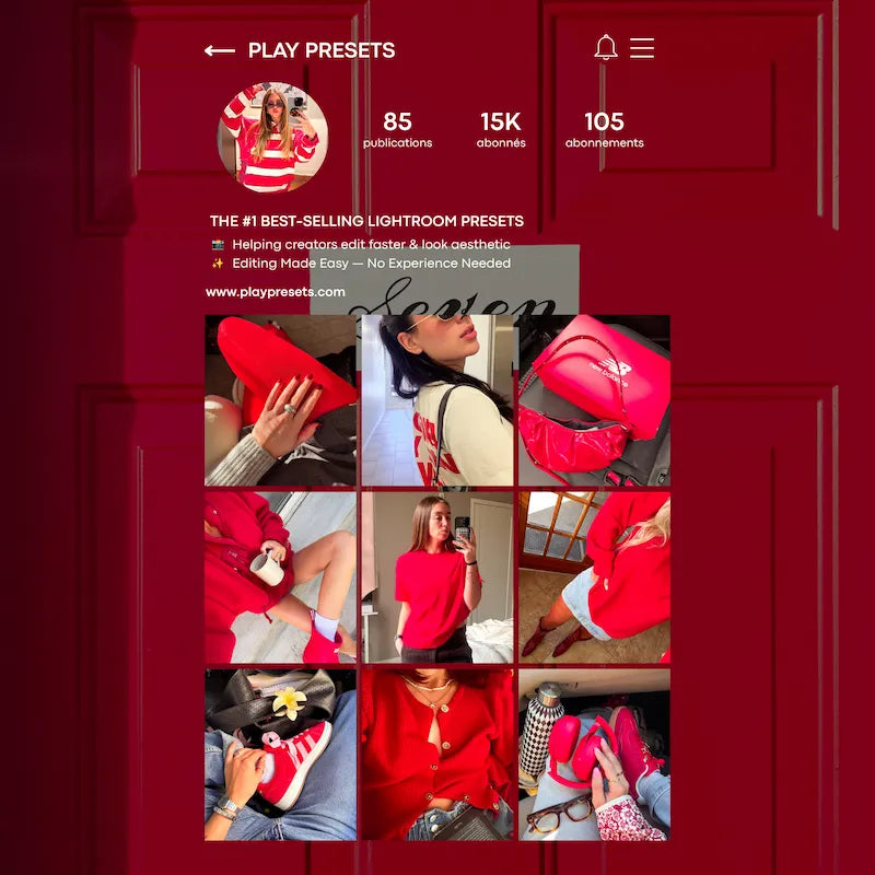 Instagram feed preview edited with Red Lightroom presets showing a cohesive bold red aesthetic across lifestyle and fashion photos