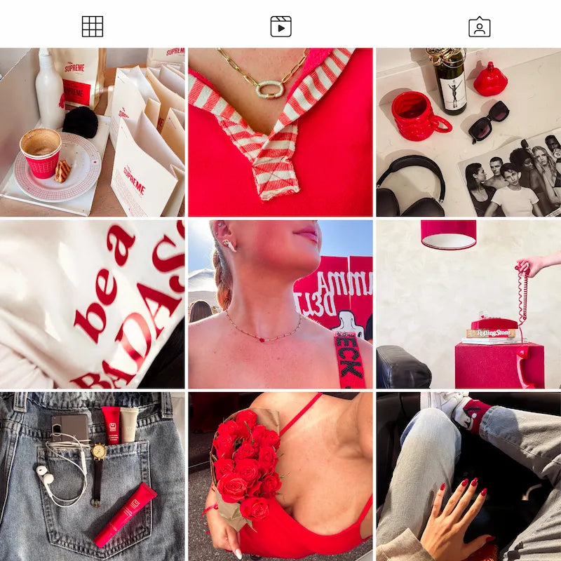 Photo grid preview edited with Red Lightroom presets showing consistent bold red tones across fashion, lifestyle, and travel photography