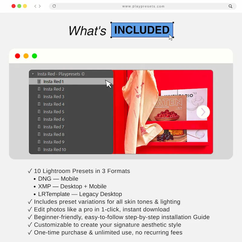 What’s included in Red Lightroom presets collection showing preset files and variations for mobile and desktop