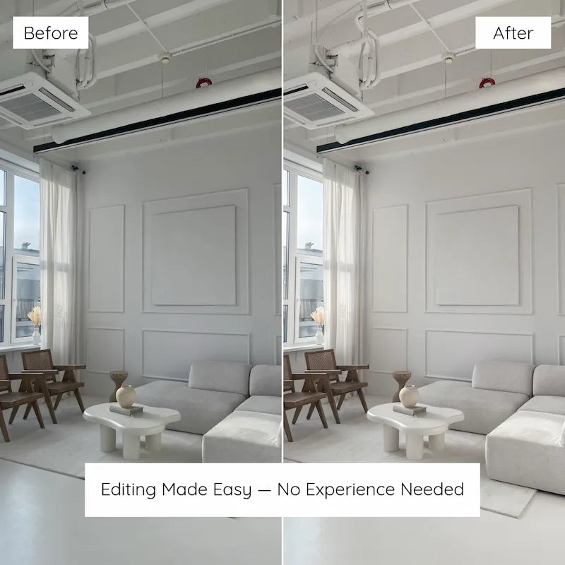 Before and after living room photo edited with Interior Lightroom presets showing clean whites, balanced light, and natural interior detail