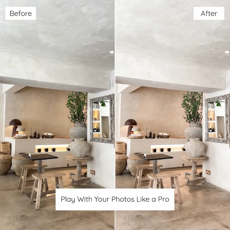 Before and after dining room photo edited with Interior Lightroom presets featuring balanced whites, natural wood tones, and soft indoor light