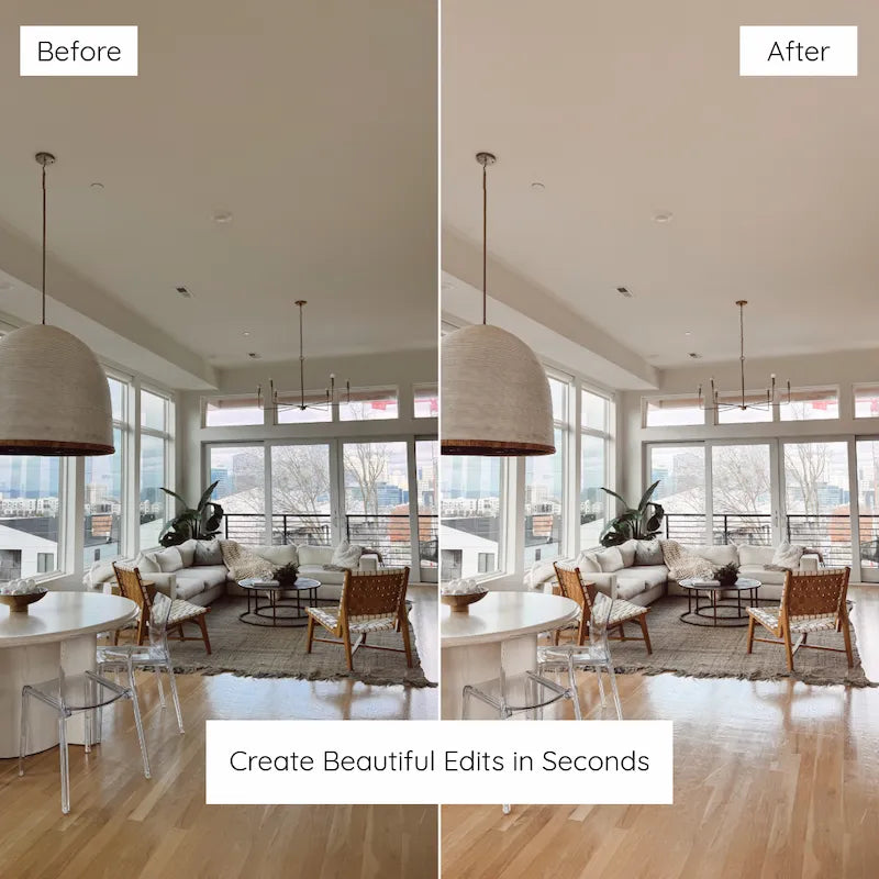 Before and after bright interior photo edited with Interior Lightroom presets showing natural wood tones, clean whites, and balanced window light