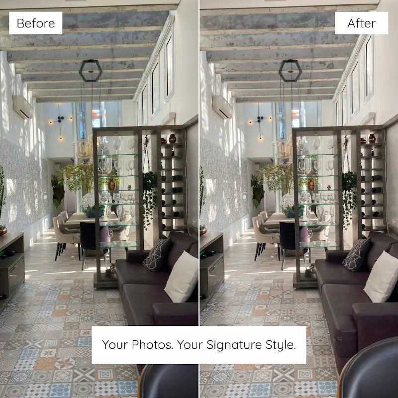 Before and after café interior photo edited with Interior Lightroom presets featuring realistic shadows, balanced lighting, and natural architectural detail