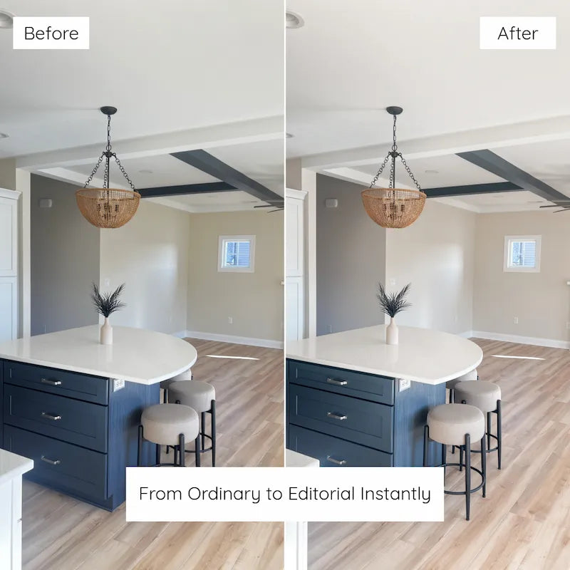 Before and after modern dining room photo edited with Interior Lightroom presets showing clean whites, balanced indoor light, and natural neutral tones