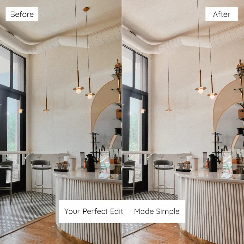 Before and after kitchen interior photo edited with Interior Lightroom presets featuring clean whites, natural wood tones, and bright balanced detail