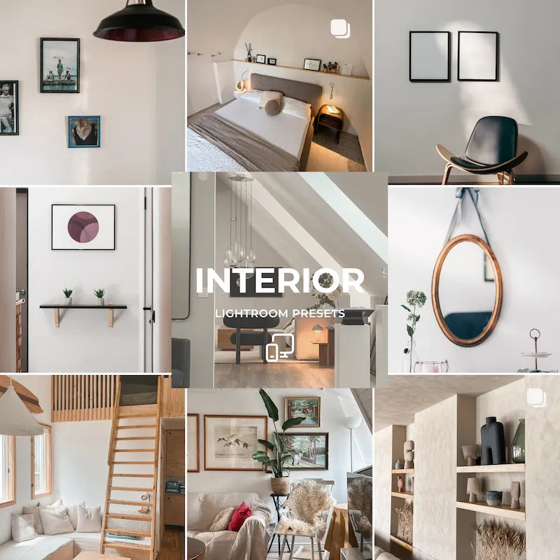 Interior Lightroom presets cover showing bright living spaces, kitchens, décor, clean whites, and natural interior tones