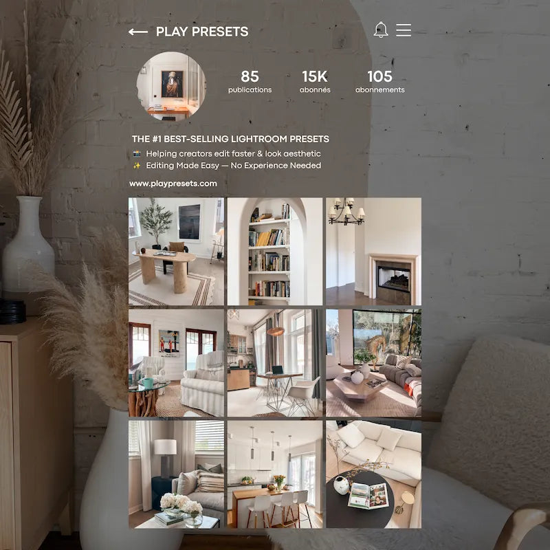Instagram feed preview edited with Interior Lightroom presets showing cohesive clean whites, natural wood tones, balanced lighting, and refined interior spaces