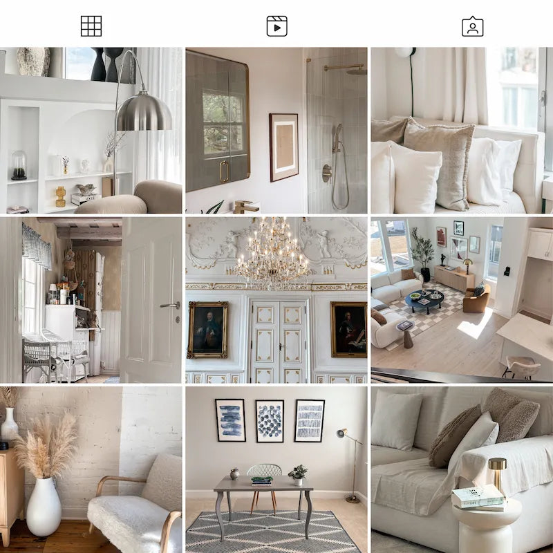 Photo grid preview edited with Interior Lightroom presets showing bright living rooms, bedrooms, kitchens, décor, and clean interior spaces