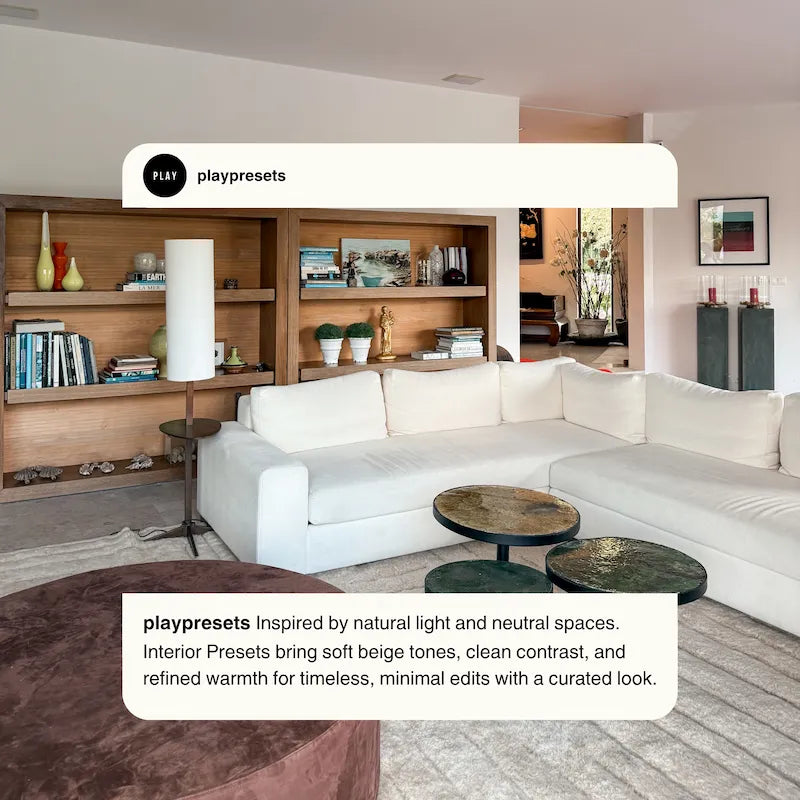 Interior Lightroom presets preview showing a bright living room with clean whites, natural wood tones, realistic shadows, and balanced indoor light