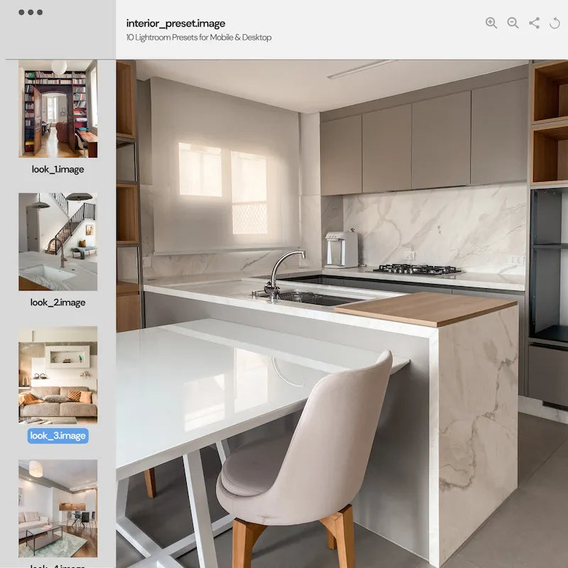Interior Lightroom preset variations preview showing a modern kitchen with clean whites, natural neutral tones, and balanced interior lighting